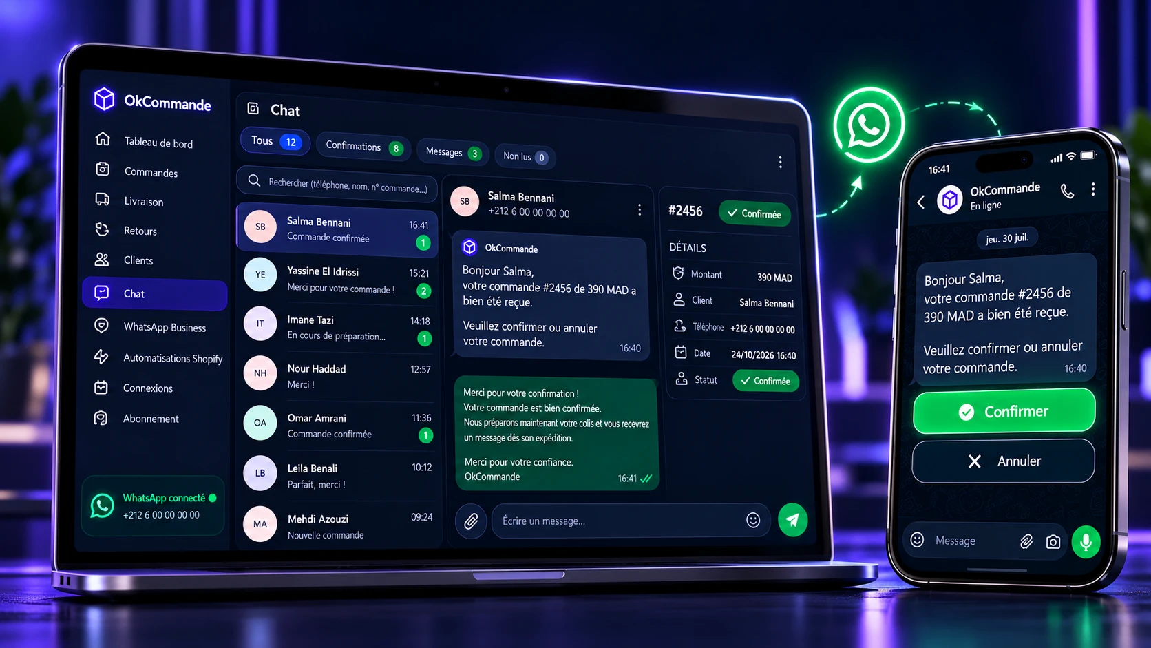 Message WhatsApp de confirmation de commande avec les boutons Confirmer et Annuler, et la commande confirmée dans le CRM OkCommande